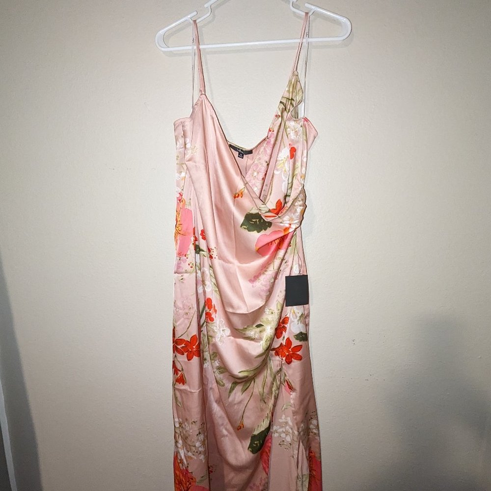 Pink Floral Print Satin Midi Dress